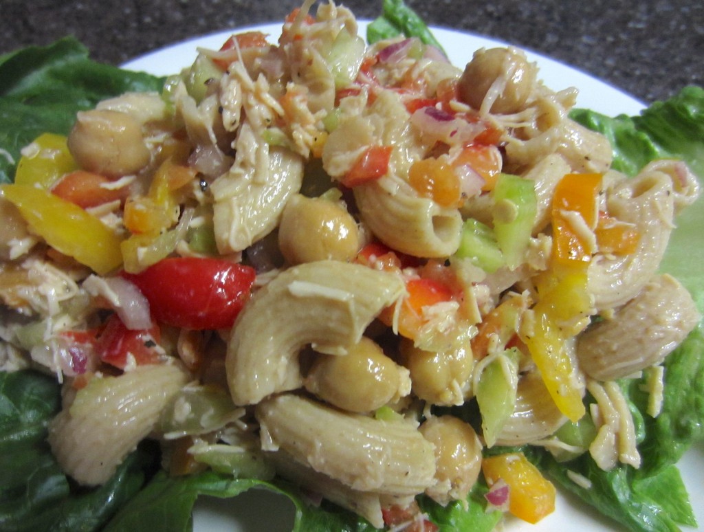 Healthy Chicken Salad with Whole Wheat Noodles over lettuce