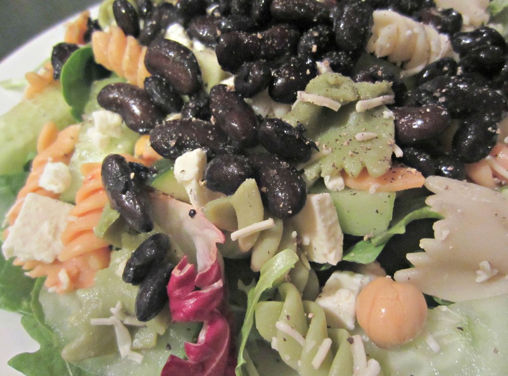 pasta salad on salad close up