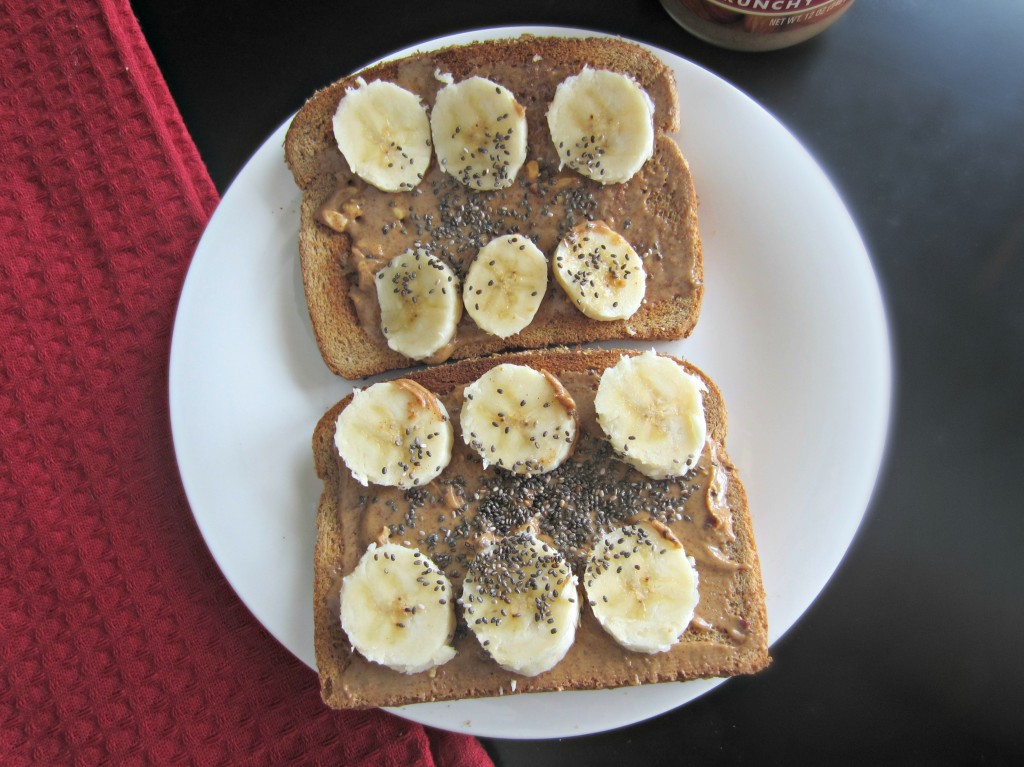 almond butter and bananas on toast with chia seeds