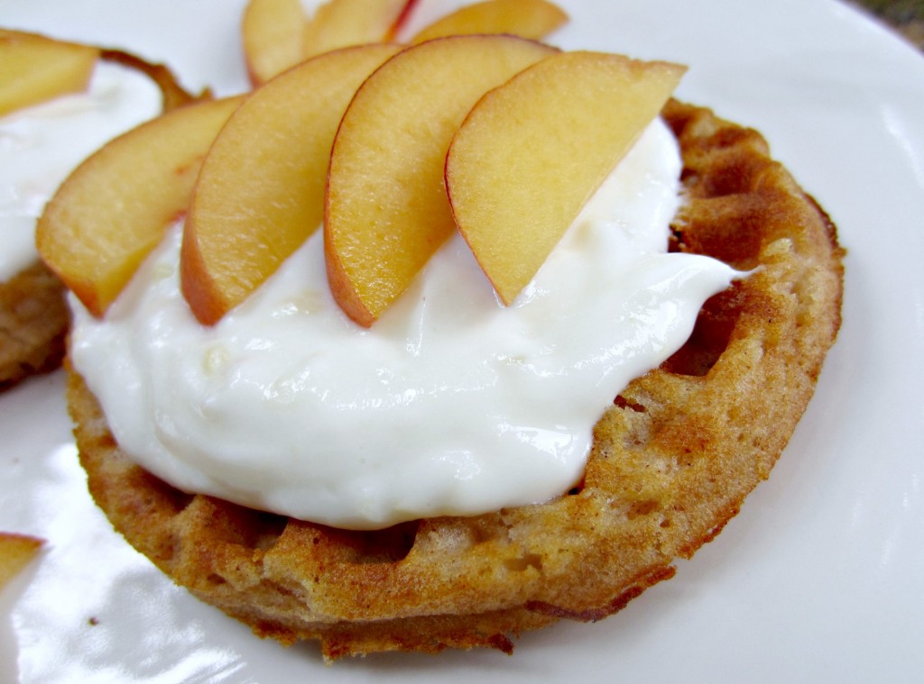 van's gluten free apple cinnamon waffles with yogurt and peaches