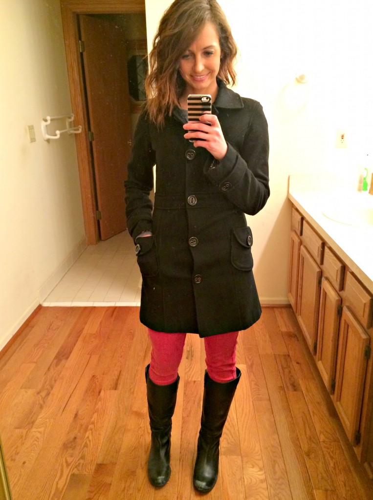 fashion pea coat and red skinny jeans