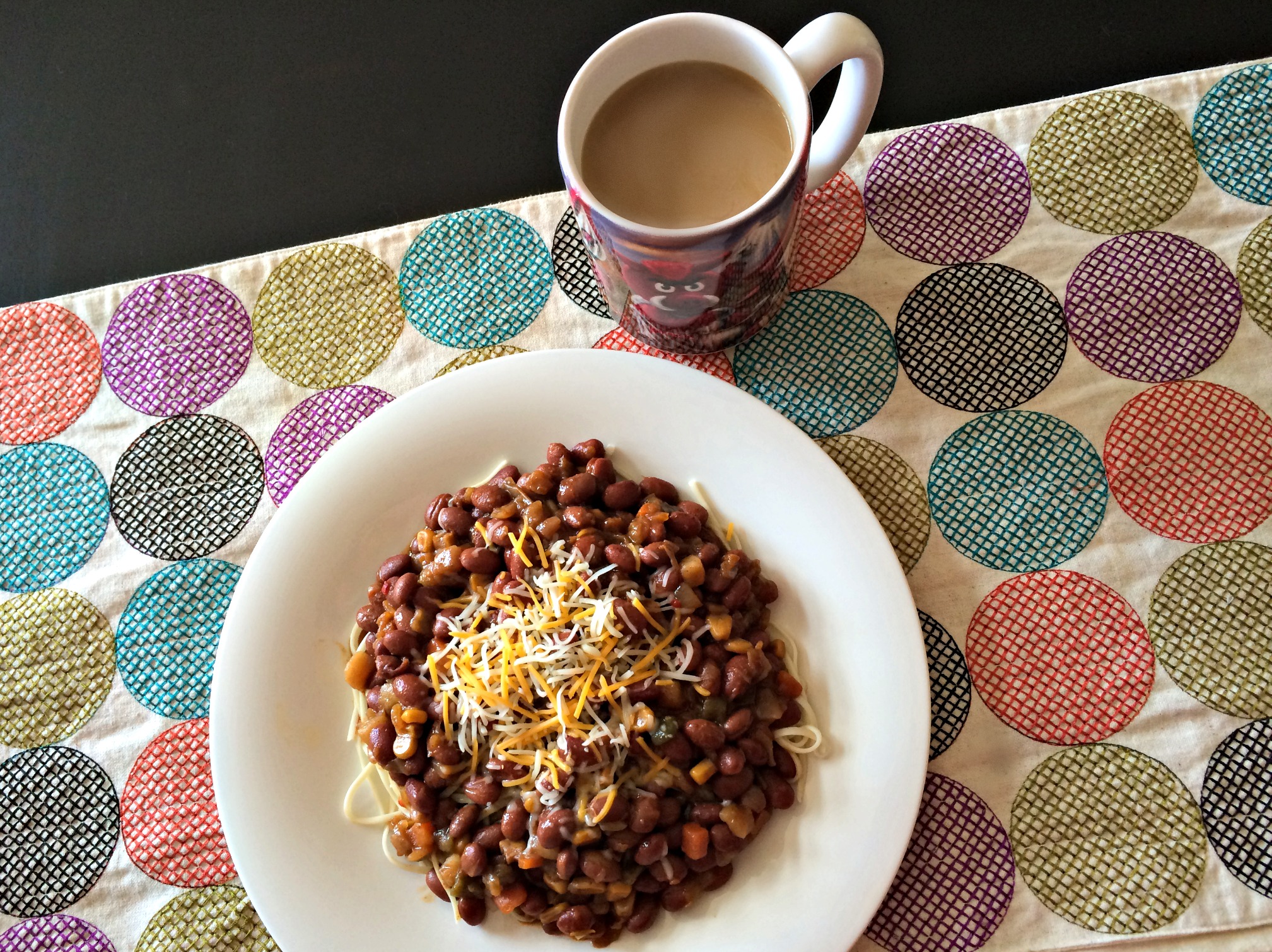 amy's chili over noodles and coffee