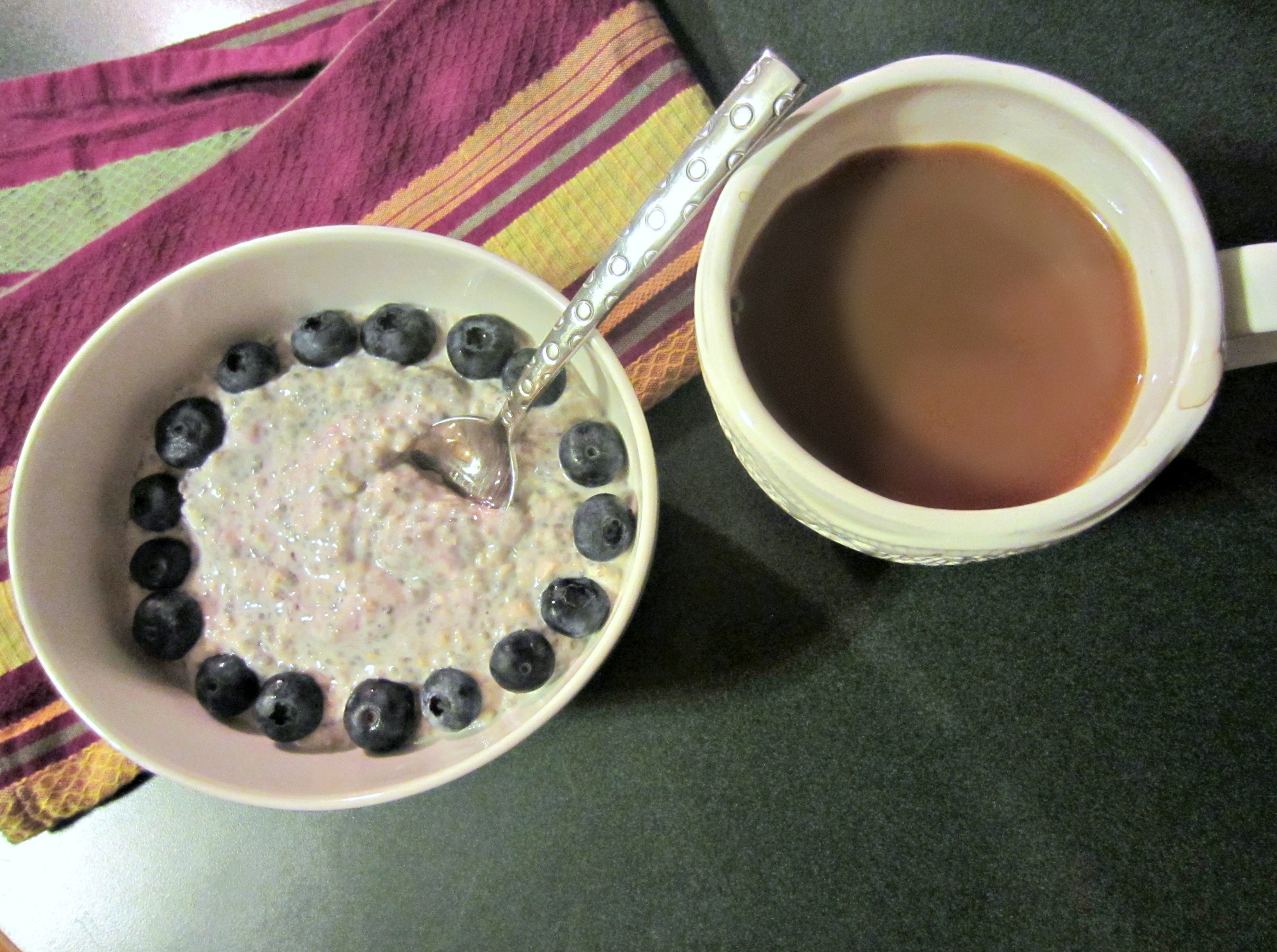overnight oats with blueberries and coffee