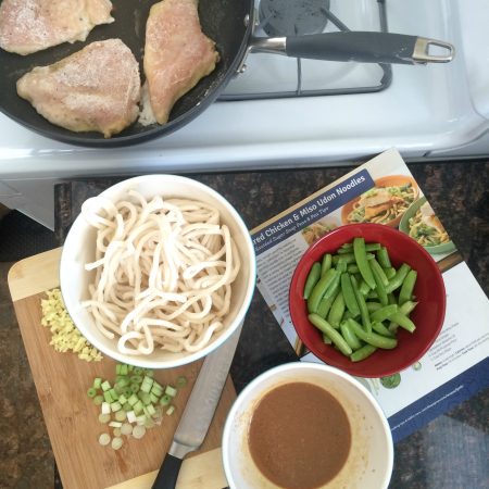 cooking blue apron seared chicken & udon noodle dinner